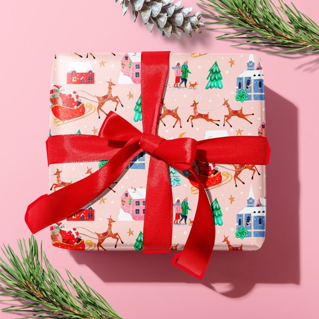 Santa & Reindeers Rosa jul Nordic Village Presentpapper (Santa & Reindeers Pink Christmas Nordic Village Wrapping Paper)