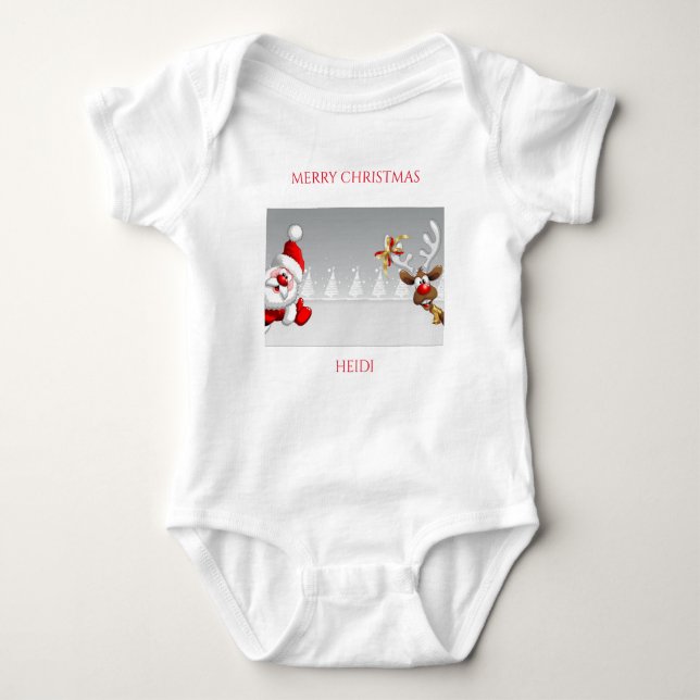 Santa & renare baby jersey-dykostym. Anpassat namn T Shirt (Framsida)