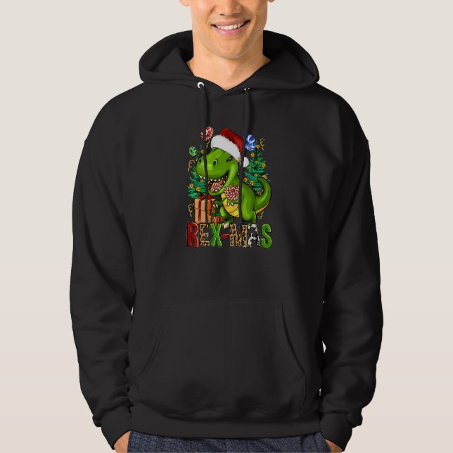 Santa Rex Christmas Tree Rex mas Leopard Dinosaur Hoodie (Framsida)