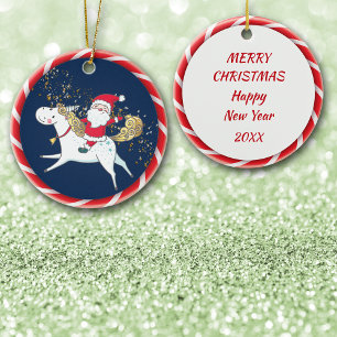 Santa Rides a Unicorn Cute Julgransprydnad Keramik