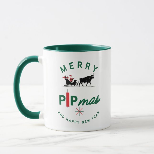 Santa Riding a Bull Sleigh – Forex Pipmas Gift  Mugg (Vänster)