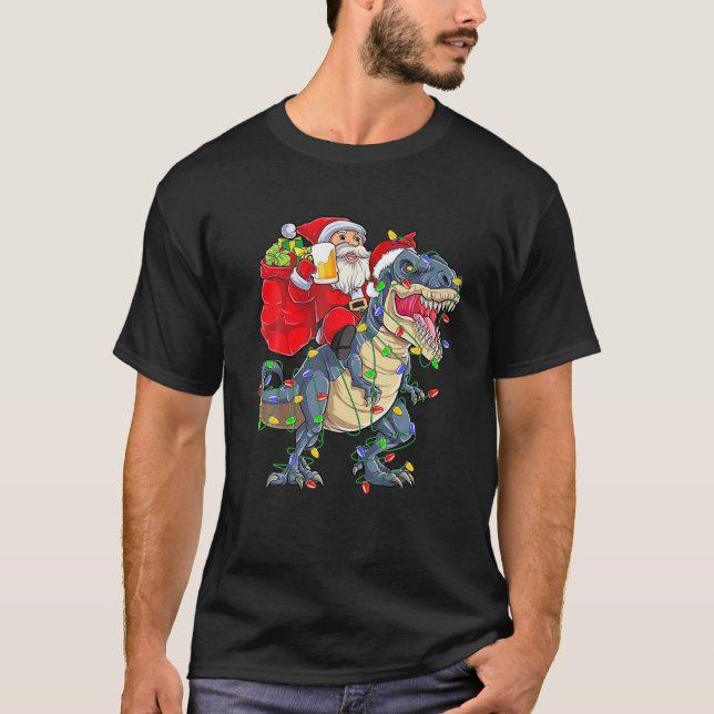 Santa Riding A Dinosaur Julgran T Rex Drink T Shirt (Framsida)