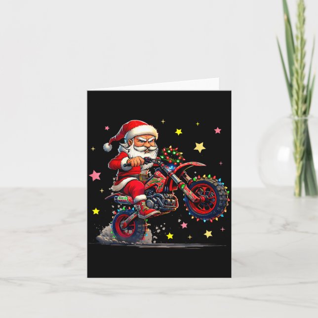 Santa Riding A Dirt Bike Christmas Lights Motocros Kort (Framsida)