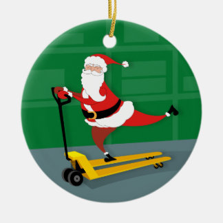 Santa Riding a Pallet Jack Julgransprydnad Keramik