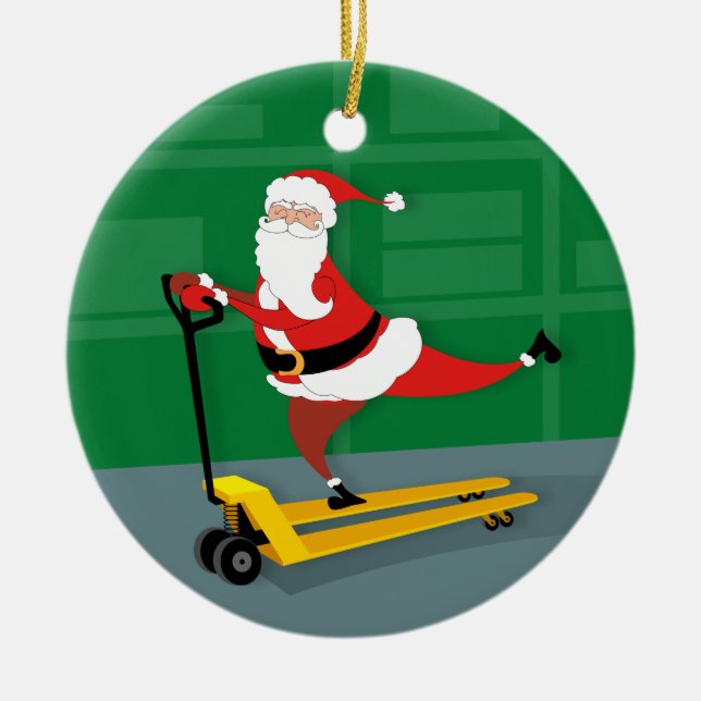 Santa Riding a Pallet Jack Julgransprydnad Keramik (Framsidan)