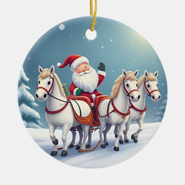 Santa Riding a Sleigh Led by White Horses Julgransprydnad Keramik (Framsidan)