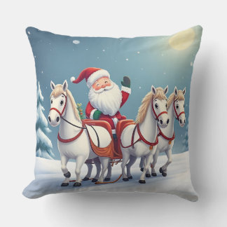 Santa Riding a Sleigh Led by White Horses Kudde