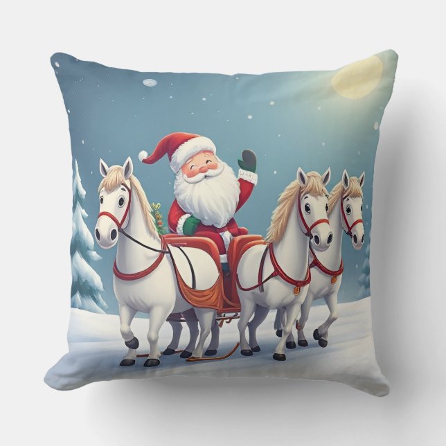 Santa Riding a Sleigh Led by White Horses Kudde (Framsida)