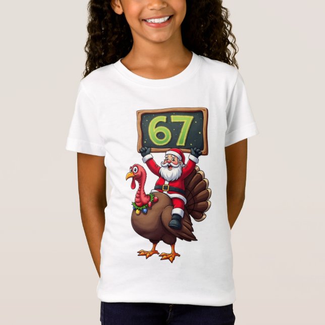 🎅🦃 Santa Riding a Turkey with Number 67 Funny T Shirt (Framsida)