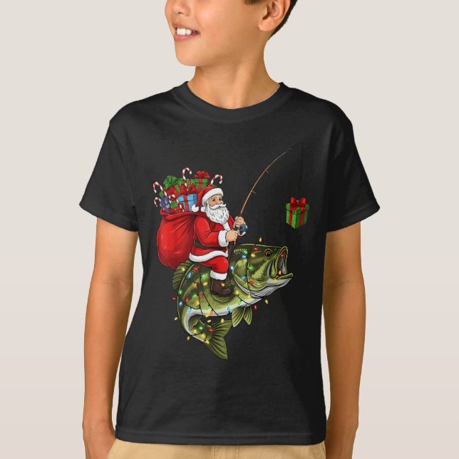 Santa Riding B Fish Christmas Fishing Funny Xmas P T Shirt (Framsida)