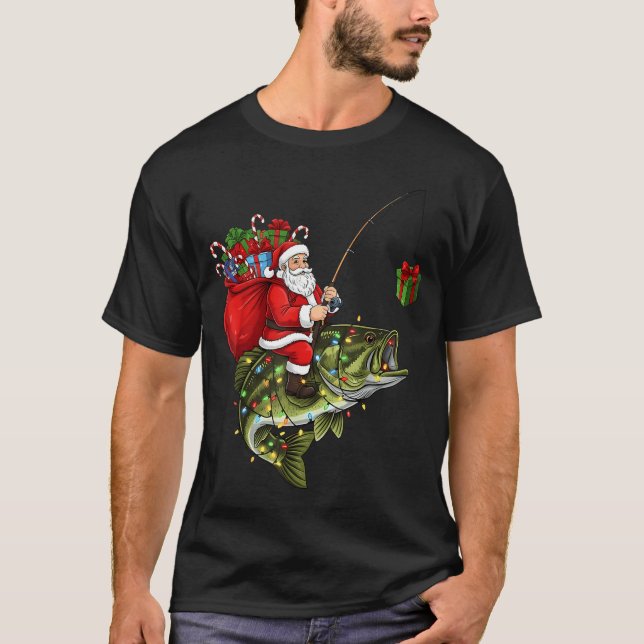 Santa Riding B Fish Christmas Fishing Funny Xmas P T Shirt (Framsida)