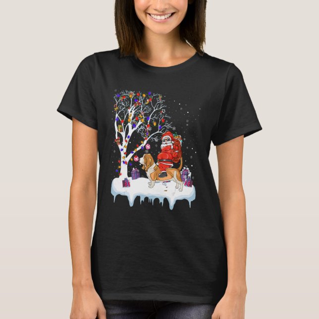 Santa Riding Basset Hound Hund Träd Ljus Basset H T Shirt (Framsida)