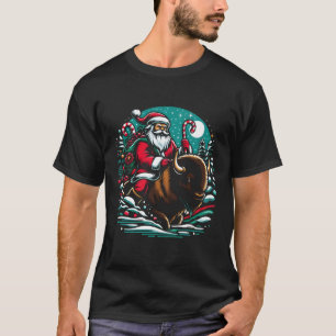 Santa Riding Bison-jultema färg design T Shirt