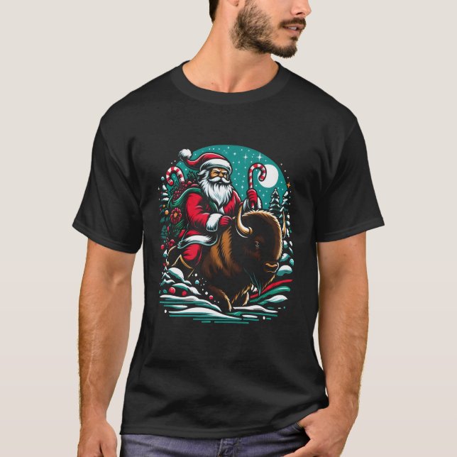 Santa Riding Bison-jultema färg design T Shirt (Framsida)