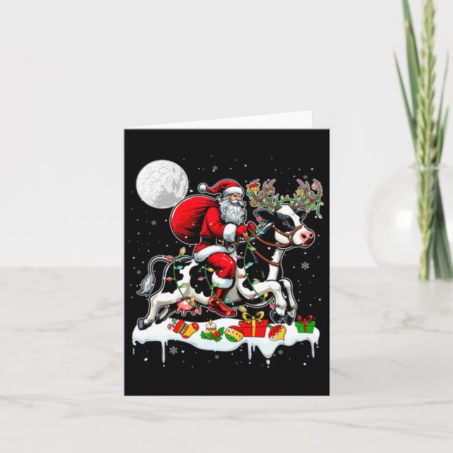 Santa Riding Cow Reindeer Julafton Farm Animal Lov Kort (Framsida)