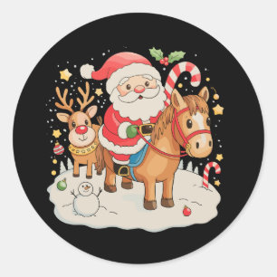 Santa Riding Cute Horse jul Helgdag Julafton Runt Klistermärke