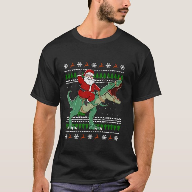 Santa Riding Dino Funny jul Ugly Sweater T S Shirt (Framsida)