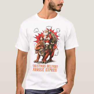 Santa Riding Dino Men White T Shirt