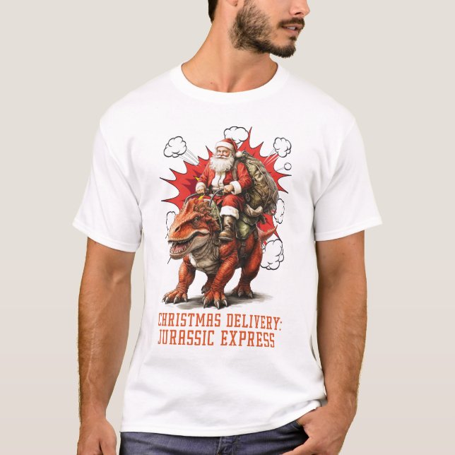 Santa Riding Dino Men White T Shirt (Framsida)