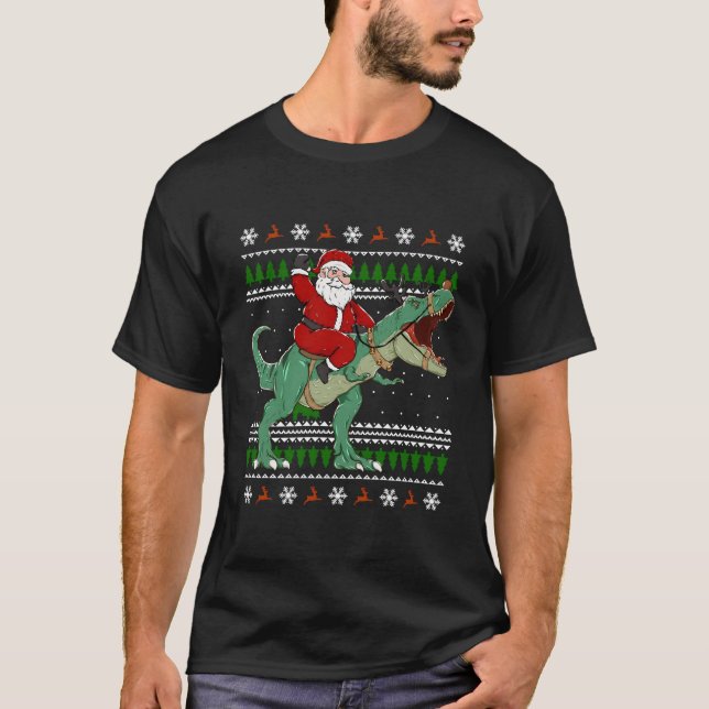 Santa Riding Dino Ugly T Shirt (Framsida)