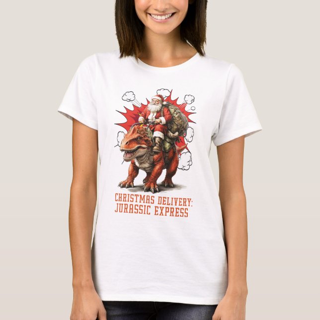 Santa Riding Dino Women White T-Shirt (Framsida)