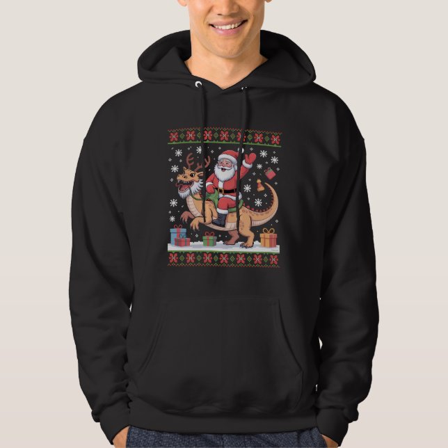 Santa Riding Dinosaur Christmas Art Hoodie (Framsida)