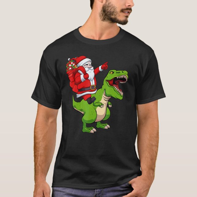 Santa Riding Dinosaur Christmas Pajama Cool Rex X  T Shirt (Framsida)