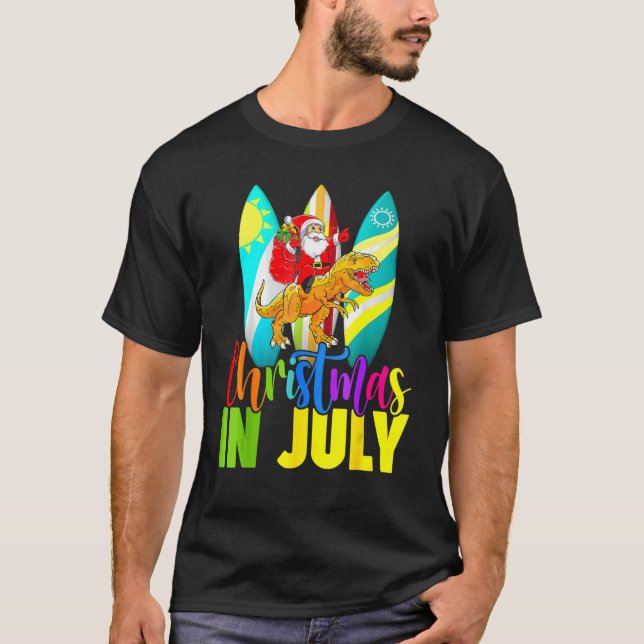 Santa Riding Dinosaur jul Juli Sommar Surfi T Shirt (Framsida)