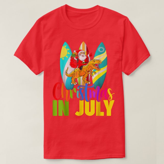 Santa Riding Dinosaur jul Juli Sommar Surfi T Shirt (Design framsida)