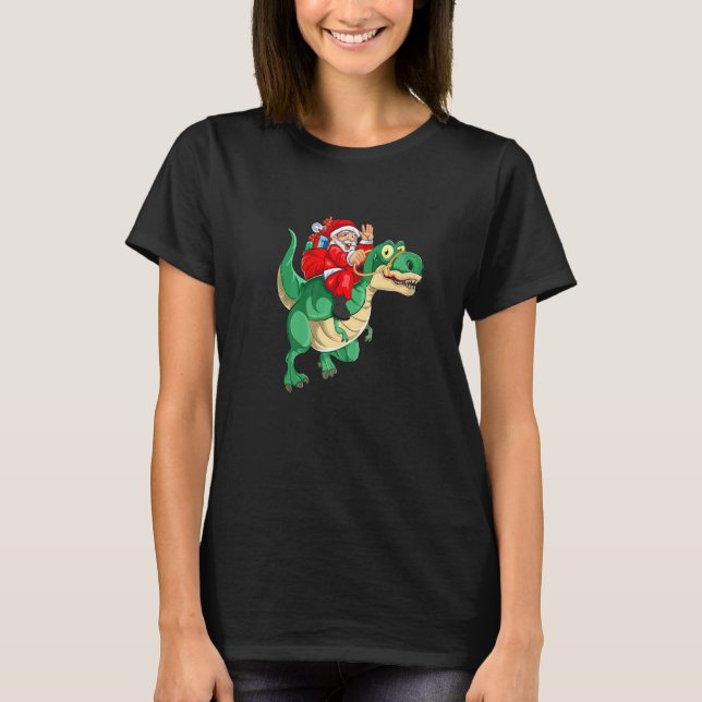 Santa Riding Dinosaur rex Christmas Costume Christ T Shirt (Framsida)