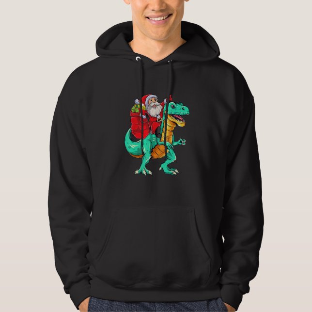 Santa Riding Dinosaur rex   Christmas Hoodie (Framsida)