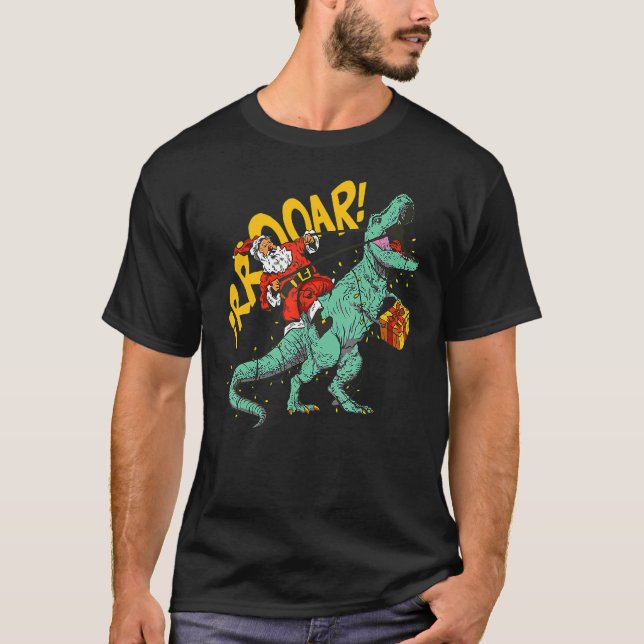 Santa Riding Dinosaur rex Christmas Xmas Kids Boys T Shirt (Framsida)