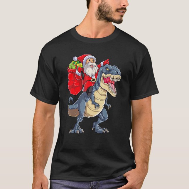 Santa Riding Dinosaur Rex jul Boys Manar Julafton T Shirt (Framsida)
