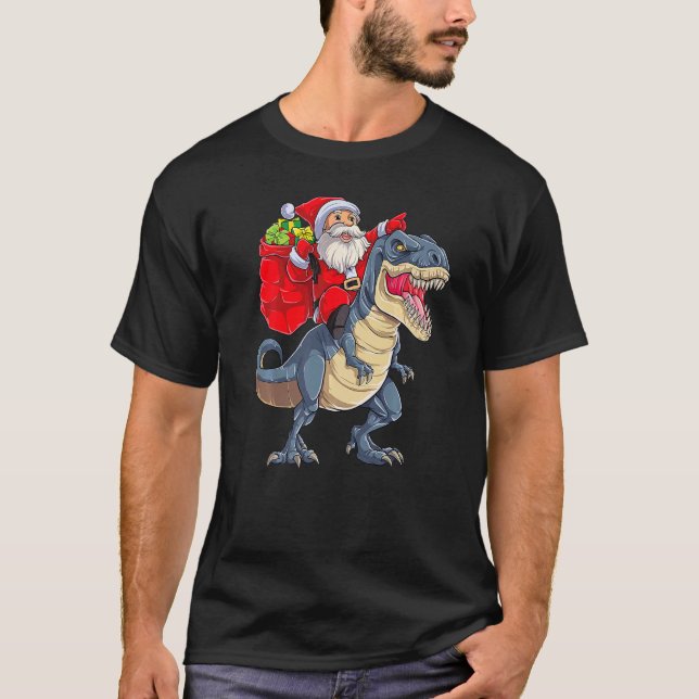Santa Riding Dinosaur rex jul Julafton Helgdag B T Shirt (Framsida)