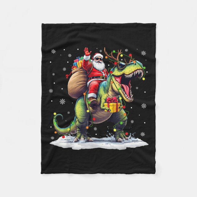 Santa Riding Dinosaur T Rex Christmas Boys Men Xma Fleecefilt (Framsidan)