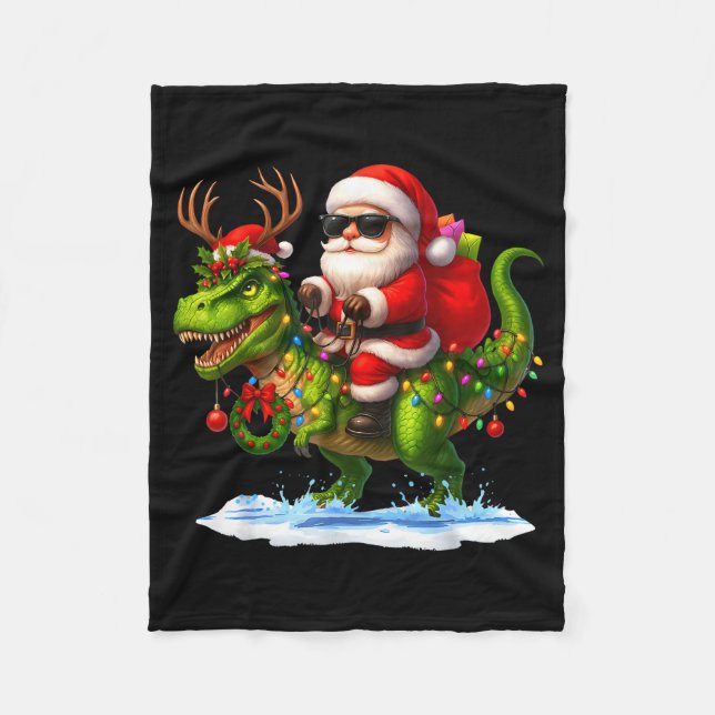 Santa Riding Dinosaur T Rex Christmas Boys Men Xma Fleecefilt (Framsidan)