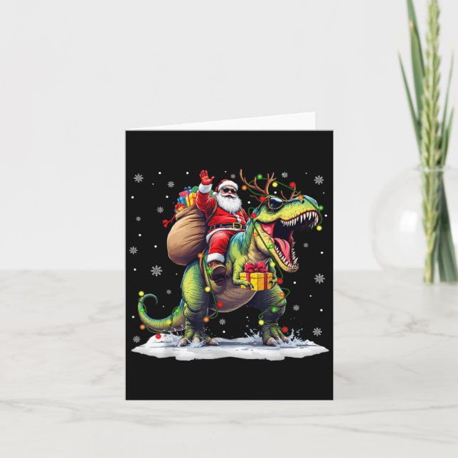 Santa Riding Dinosaur T Rex Christmas Boys Men Xma Kort (Framsida)