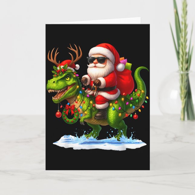 Santa Riding Dinosaur T Rex Christmas Boys Men Xma Kort (Framsida)