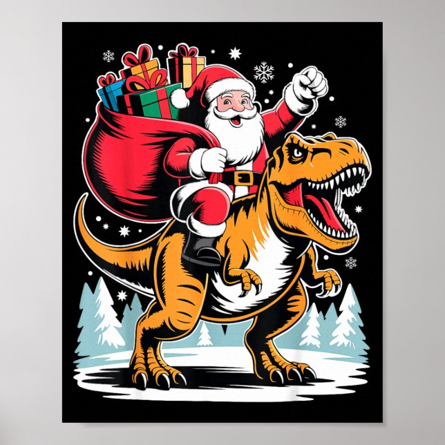 Santa Riding Dinosaur T Rex Christmas Boys Xmas  Poster (Framsidan)