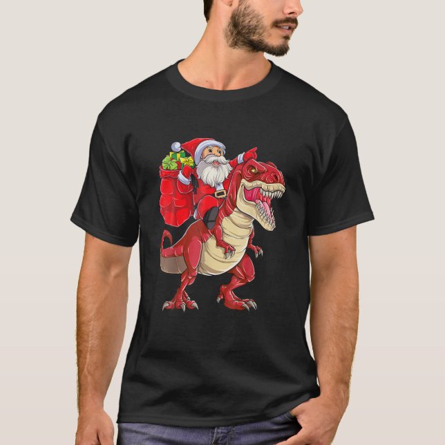 Santa Riding Dinosaur T Rex Christmas Tee (Framsida)