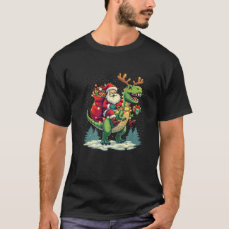Santa Riding Dinosaur T rex Deer Xmas Lights pajam Shirt
