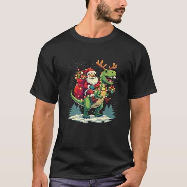Santa Riding Dinosaur T rex Deer Xmas Lights pyjam Shirt (Framsida)