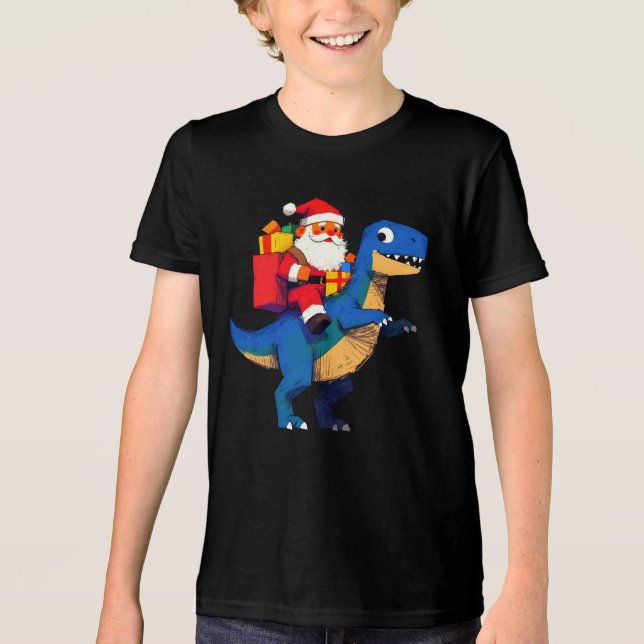 Santa Riding Dinosaur T Rex Funny Christmas  T Shirt (Framsida)