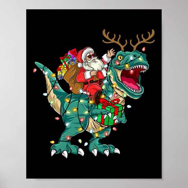 Santa Riding Dinosaur T rex Hjort Kids Boys Manar  Poster (Framsidan)