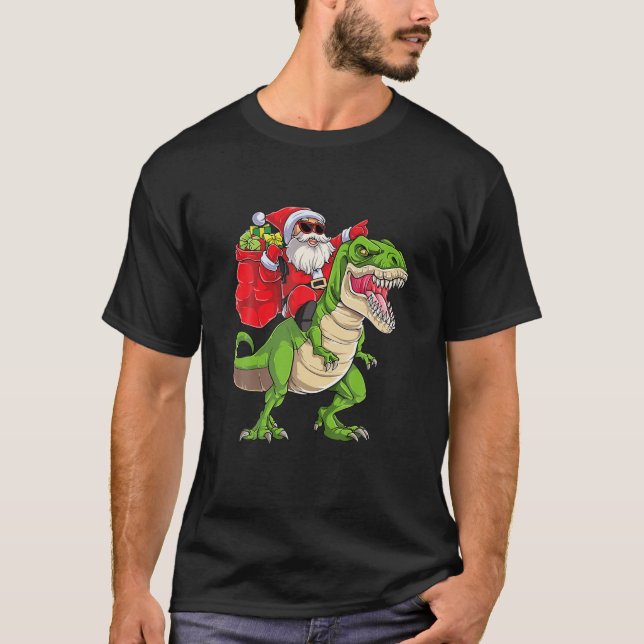 Santa Riding Dinosaur T Rex jul Boys Manar T Shirt (Framsida)