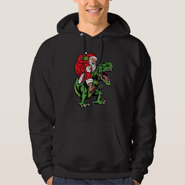 Santa Riding Dinosaur T Rex jul Boys Manar Xm Hoodie (Framsida)