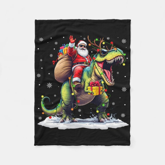 Santa Riding Dinosaur T Rex jul Boys Manar Xma Fleecefilt (Framsidan)