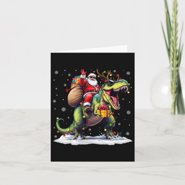 Santa Riding Dinosaur T Rex jul Boys Manar Xma Kort (Framsida)