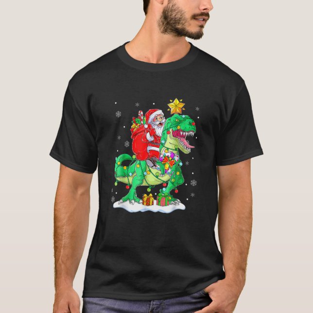 Santa Riding Dinosaur T Rex jul Boys Manar Xma Shirt (Framsida)