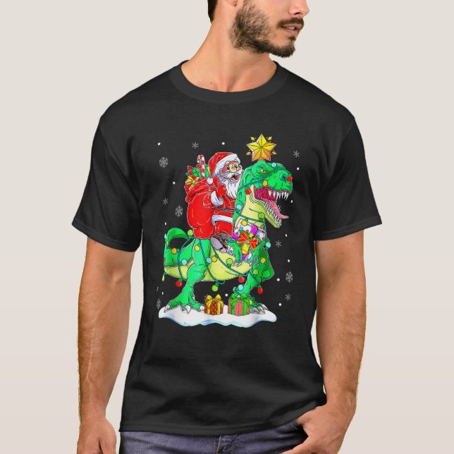 Santa Riding Dinosaur T Rex jul Boys Manar Xma T Shirt (Framsida)